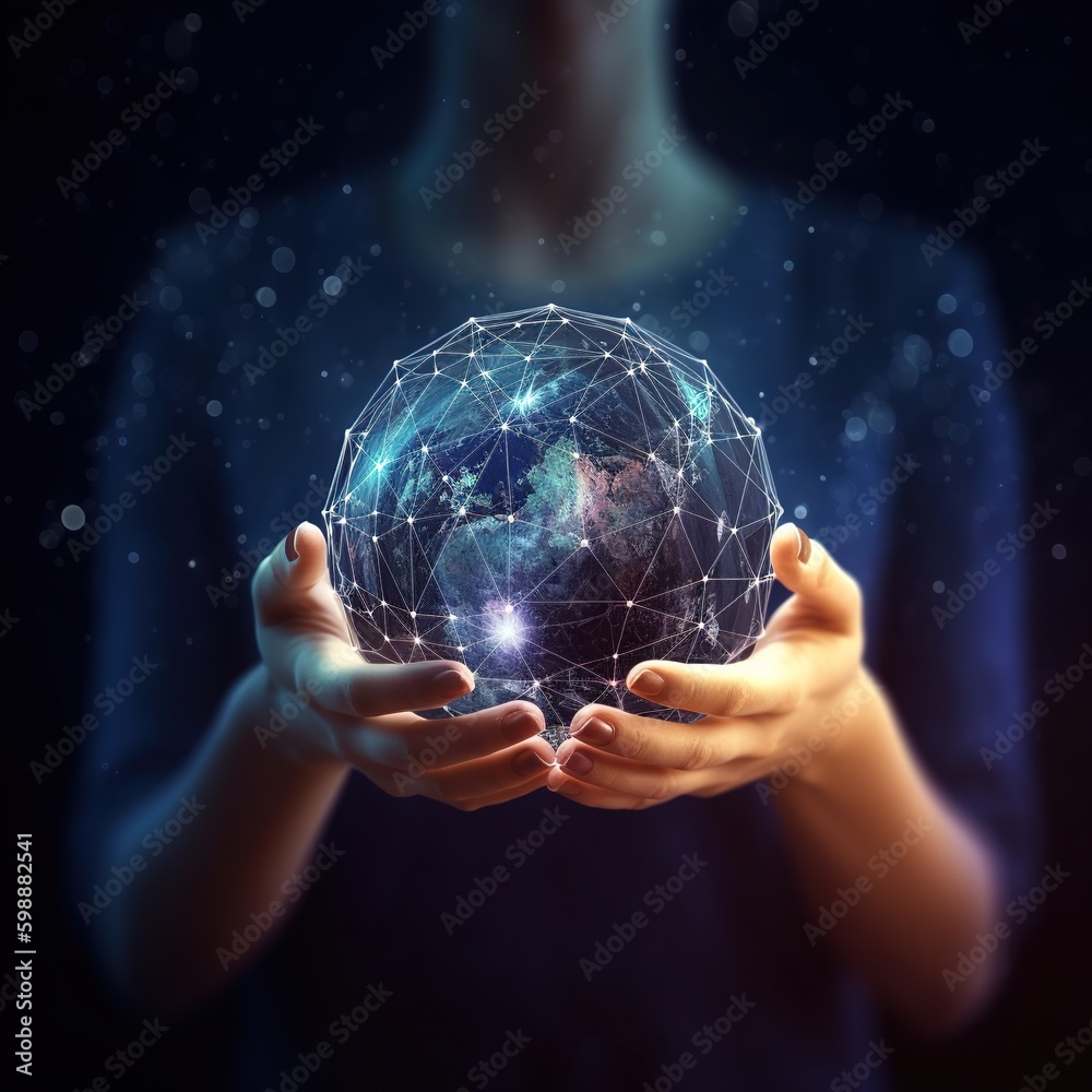 Poster hands holding connection to a global network. big data analytics and business intelligence are conce