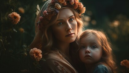Obraz premium Blonde hair mother and daughter wearing a flower crown in there head, womens day, mothers day, generative ai
