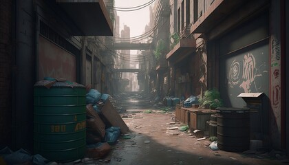 Dirty cyberpunk alley with a lot of garbage and billboards. Generative AI