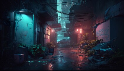 Dirty cyberpunk alley with a lot of garbage and billboards. Generative AI