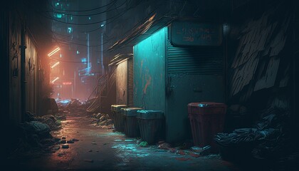 Dirty cyberpunk alley with a lot of garbage and billboards. Generative AI