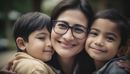 Mother holding two kids, mothers day, womens day, generative ai