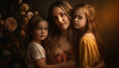 Two girls standing beside there mother, mothers day, womens day, generative ai