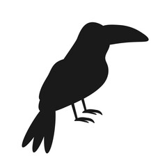 Clever speaking parrot sits on a wooden pole, black silhouette on white background. Vector EPS