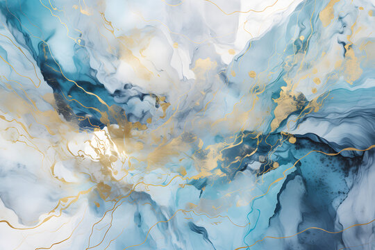 Elegant blue alcohol ink background with gold glitter elements. AI generative © Kislinka_K