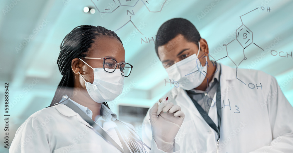 Wall mural testing a new formula. two scientists drawing molecular structures on a glass wall in a lab.
