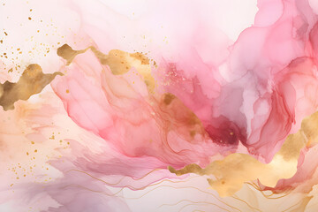 Elegant pink alcohol ink background with gold glitter elements. AI generative