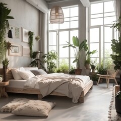 Interior of light bedroom with houseplants. generative AI