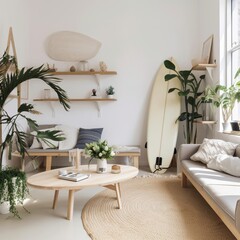 Interior of a bright living room with a sofa, a surfboard, and some houseplants. generative AI