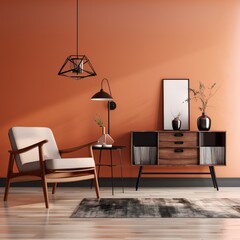 Interior of living room .vintage style .with wood armchair and black coffee table,white floor and orange wall. generative AI