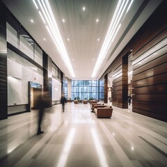 Long exposure shot of modern office lobby with business people. generative AI