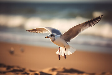 seagull in flight over the beach, generative AI