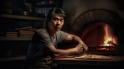Fototapeta na wymiar A fictional person. Passionate Asian male pizza master at work in a pizzeria