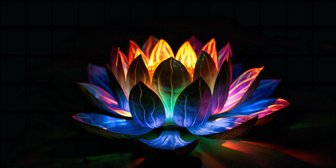 Naklejka na ściany i meble a glowing colorful lotus flower in the dark