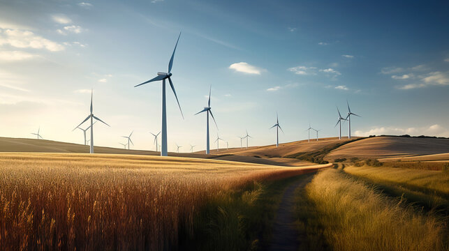 Wind turbines in a serene countryside landscape