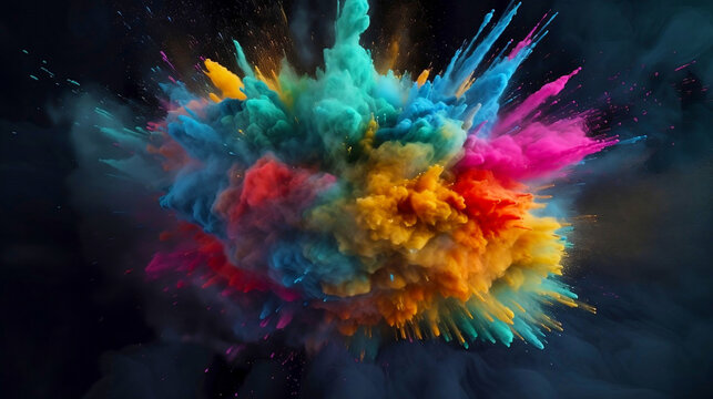 Color powder explosion of color cloud ink. Paint splash colorant with dye smoke blend background. Creative color ink or paint drips splash, color powder explode. Abstract background generative ai