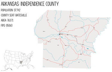 Large and detailed map of Independence County in Arkansas, USA.