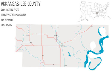 Large and detailed map of Lee County in Arkansas, USA.