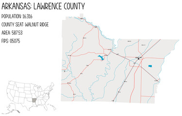 Large and detailed map of Lawrence County in Arkansas, USA.