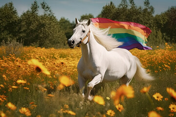 Obraz na płótnie Canvas A disheveled unicorn with lgbt pride flag running through a flowered meadow. Generative AI