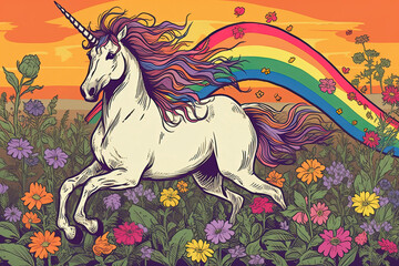 Obraz na płótnie Canvas A disheveled unicorn with lgbt pride flag running through a flowered meadow. Generative AI