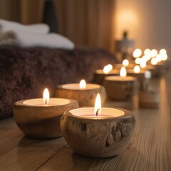 Obraz na płótnie Canvas In the wellness center, spa treatments are performed on wooden tables, and the atmosphere is lit by candles. generative AI