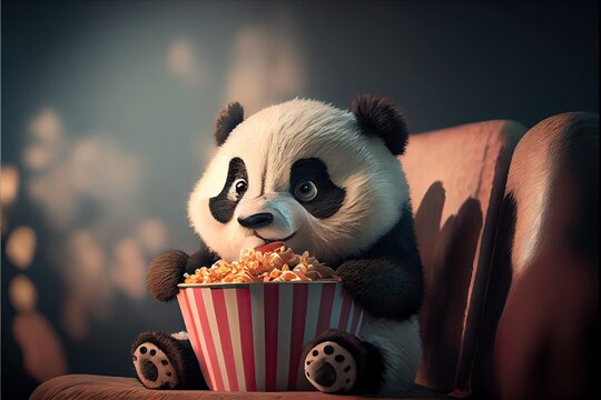a cute panda is watching an exciting movie in the cinema Generative AI