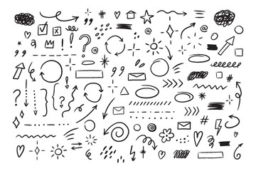 Hand drawn set of simple decorative elements. Various icons such as hearts, stars, speech bubbles, arrows, lines isolated on white background. - obrazy, fototapety, plakaty