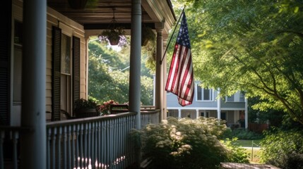 American flag hanging on house porch Generative AI