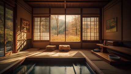 Japanese traditional style shower room named Onsen, hot spring. Generative Ai