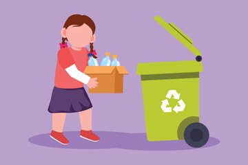 Character flat drawing of pretty little girl gathering garbage and plastic waste for recycling. Active kids picking up plastic bottles into garbage. Eco education. Cartoon design vector illustration