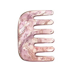 Stone quartz massager hair comb gua sha isolated on white background. Watercolor hand drawn illustration. Art for design