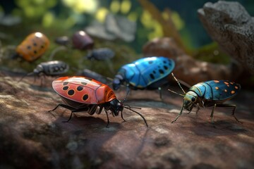 A detailed illustration of a group of insects, such as butterflies or beetles, in their natural habitat, Generative AI
