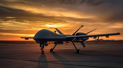 Fototapeta na wymiar Unmanned Combat Aerial Vehicle at a military airfield against the sunset, Generated AI