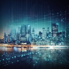 Obraz na płótnie Canvas Smart city and huge data connectivity technology concept with digital night city skyline. generative ai