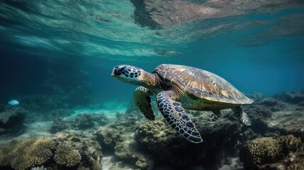 Obraz premium Beautiful Green sea turtle swimming in tropical island Sea Generative AI