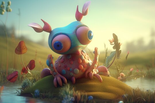 A whimsical illustration of a creature or character from a children's book in a playful landscape, Generative AI