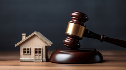 Real estate sale auction concept, gavel and house model. Generative Ai