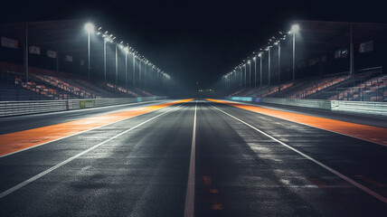 Fototapeta na wymiar Asphalt racing track finish line and illuminated race sport stadium at night. Generative Ai