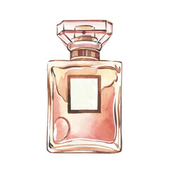 Golden rectangular glass perfume bottle isolated on white background. Watercolor hand drawn illustration. Art for design