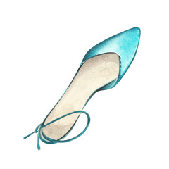 Elegant mint turquoise shoes isolated on white background. Watercolor hand drawing illustration. Art for fashion design