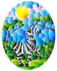 Illustration in stained glass style with cute Zebra on the background of green trees of cloudy sky and sun, oval image