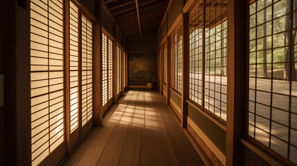 corridor of tatami mats and paper sliding doors called Shoji in Japanese. Generative Ai