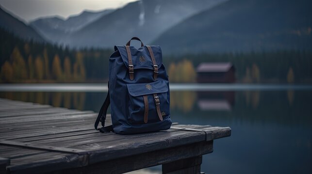 Dark blue backpack on the pier by the lake Generative AI