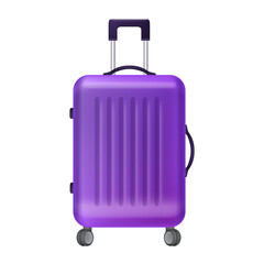 3D rolling luggage, vector travel baggage clipart, purple vacation suitcase, airport bag icon wheels. Realistic journey handbag, tourism plastic modern valise, summer vacation concept. 3D luggage