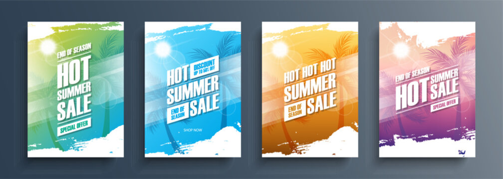 Hot Summer Sale Set. Summertime commercial backgrounds with palm trees, summer sun and white brush strokes for business, seasonal shopping, promotion and sale advertising. Vector illustration.