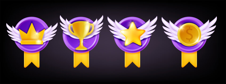 3D Game Badge Vector Set, Level Up Medal Icon Kit, Golden Rank Crown, Award Star Emblem Coin. UI Victory Cup Reward Rating Cartoon Casino Prize Bonus Trophy Pack, Quality Bonus. Game Badge App Clipart