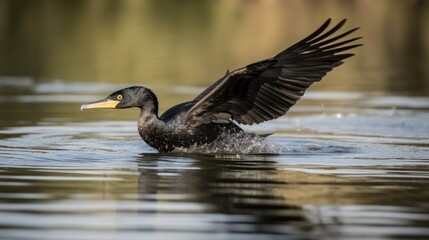 Fototapeta premium crested cormorant flying low above the water Generative AI
