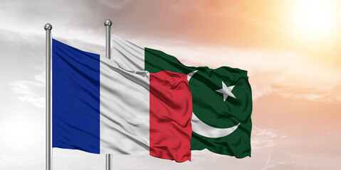 Flags of Pakistan and France friendship flag waving on the sky with beautiful Background.