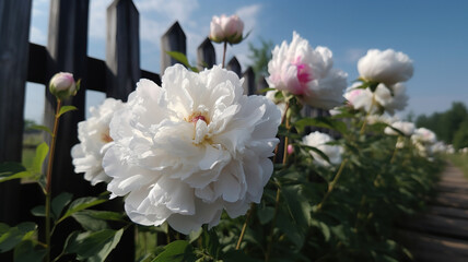 White flower peony flowering on background white peonies flowers. Generative Ai